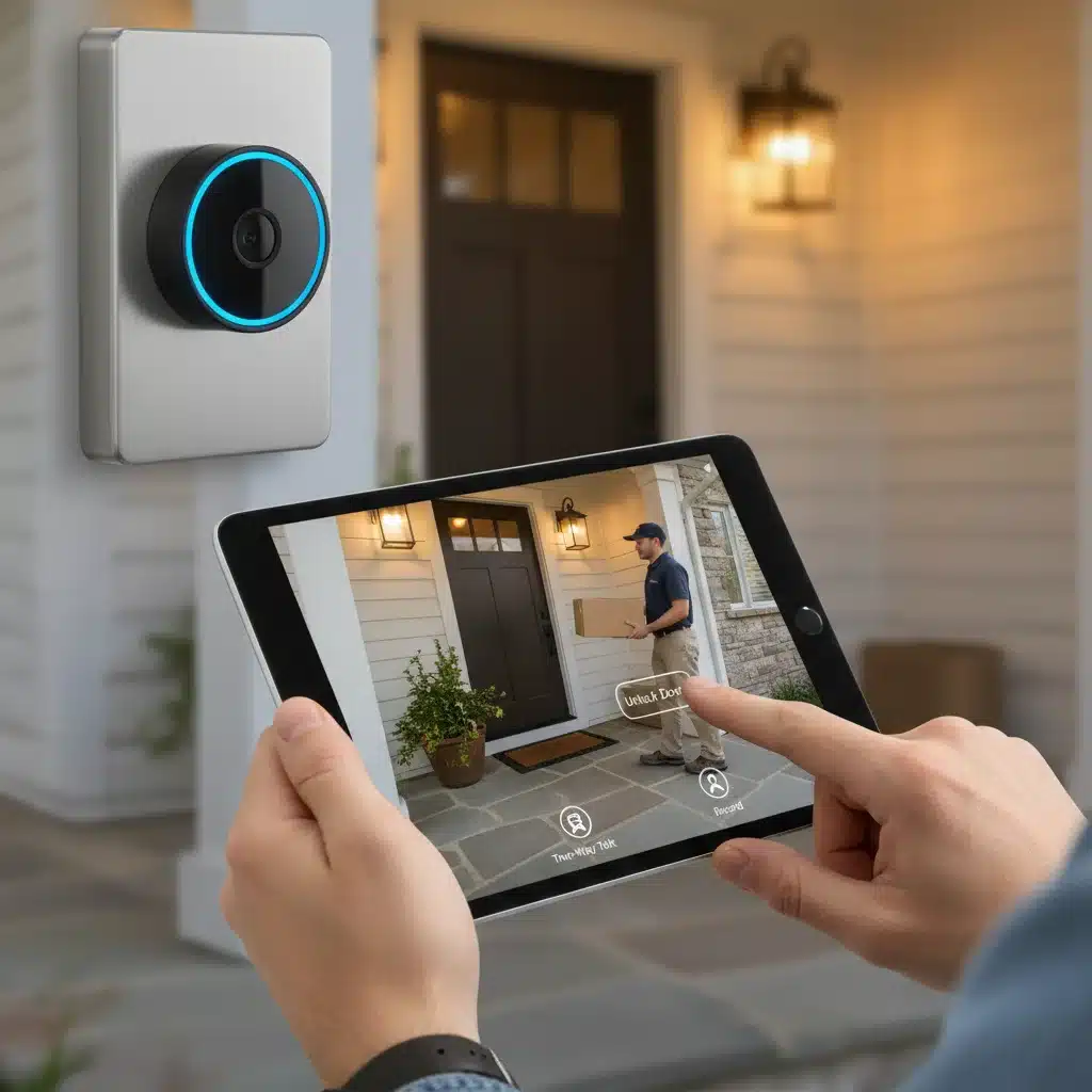 Homeowner viewing smart doorbell feed on a tablet, showcasing real-time monitoring and package delivery security.