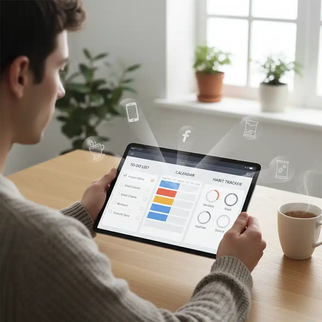 Person planning daily tasks and habits on a tablet, demonstrating structured execution and focus.