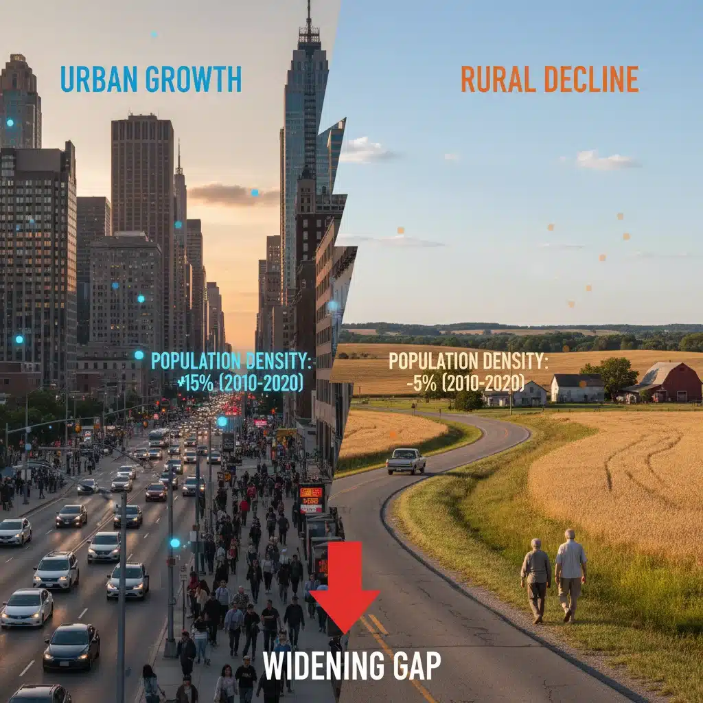 Contrast of urban and rural population changes and challenges in the US.