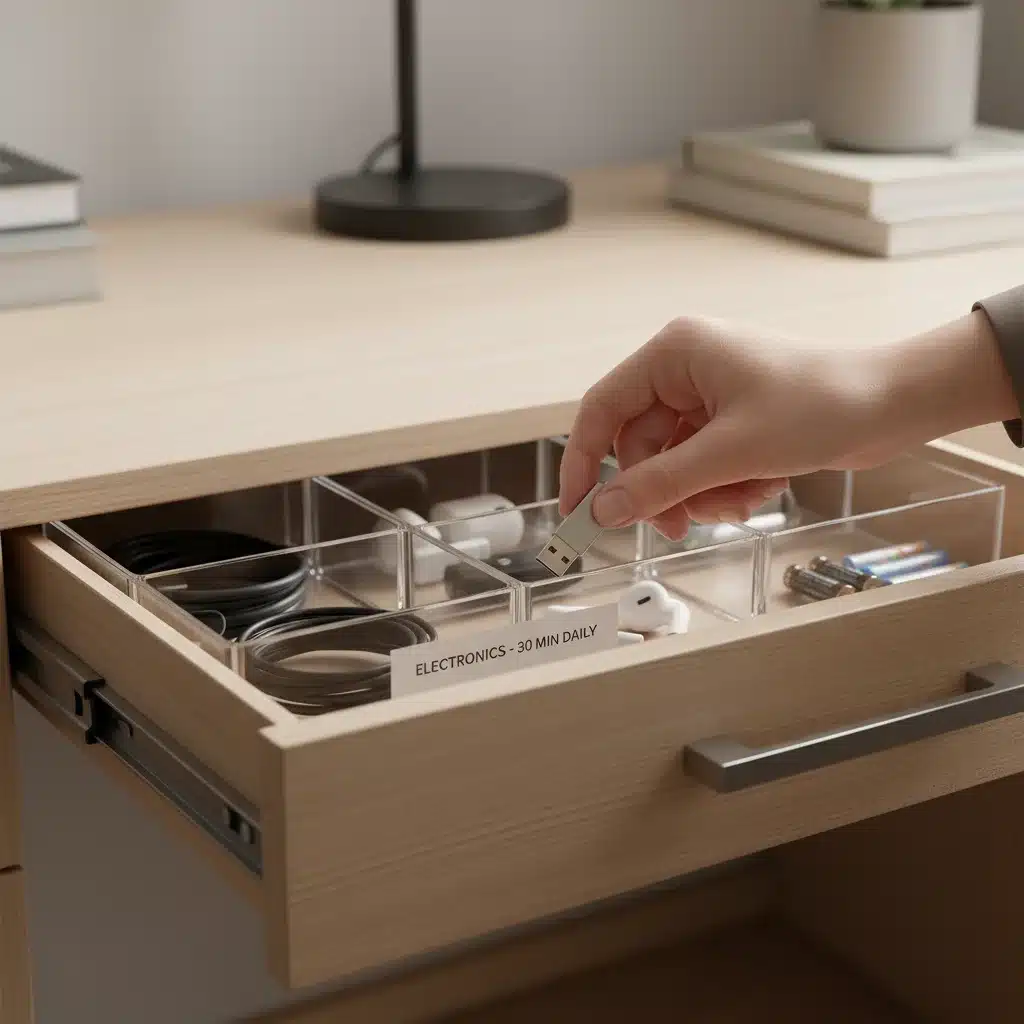 Hand placing item into drawer during daily decluttering