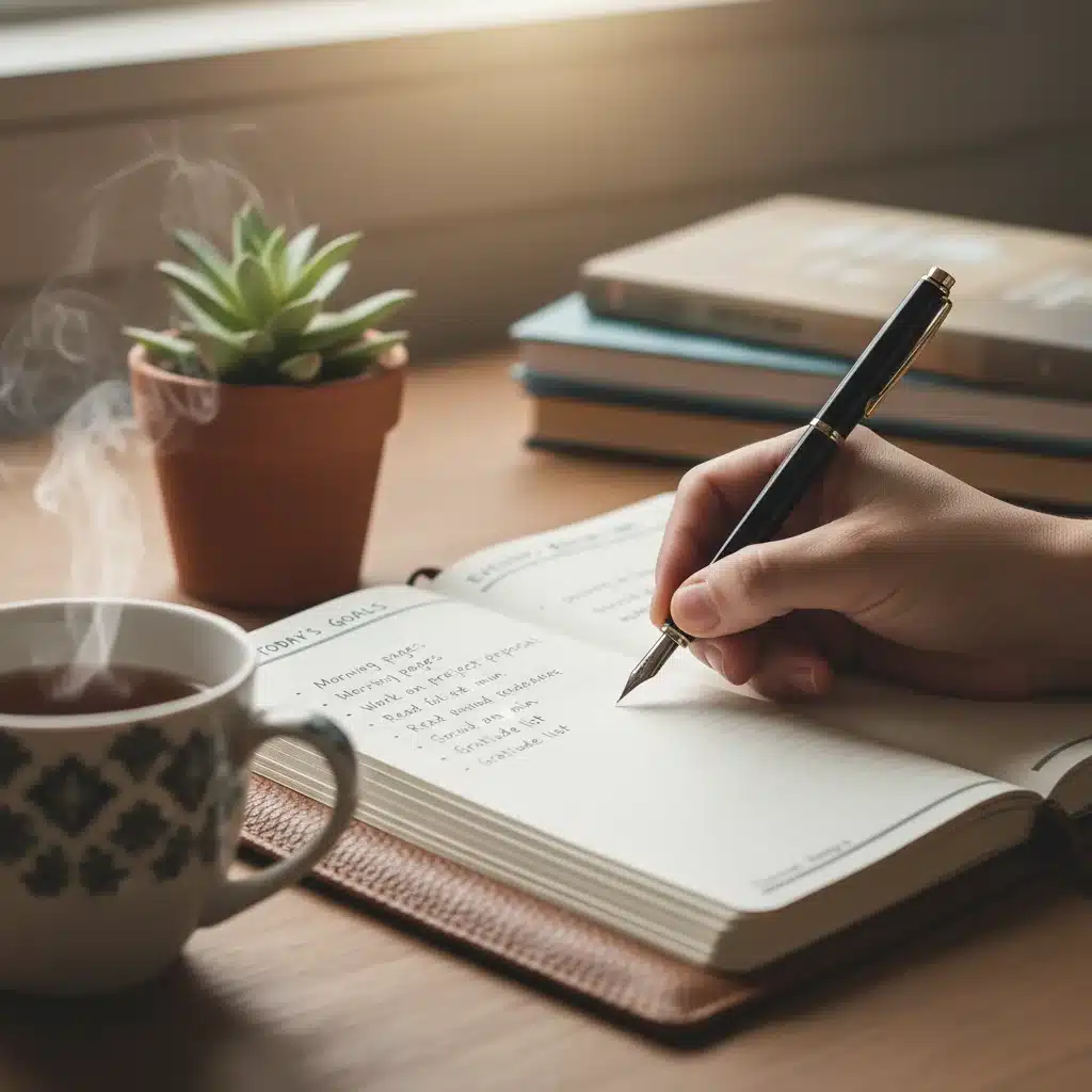 Hand writing in a journal with tea, symbolizing daily reflection and goal setting.