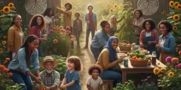 Diverse community members working together in a vibrant garden, fostering connection and growth.