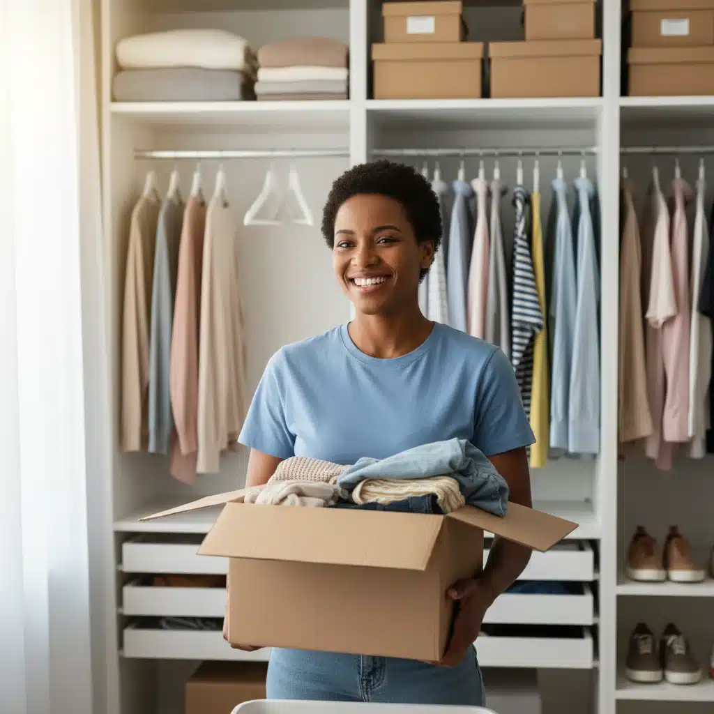 Person donating items with organized closet in background