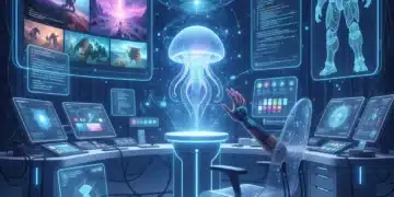 Futuristic digital content creation studio with AI assistant