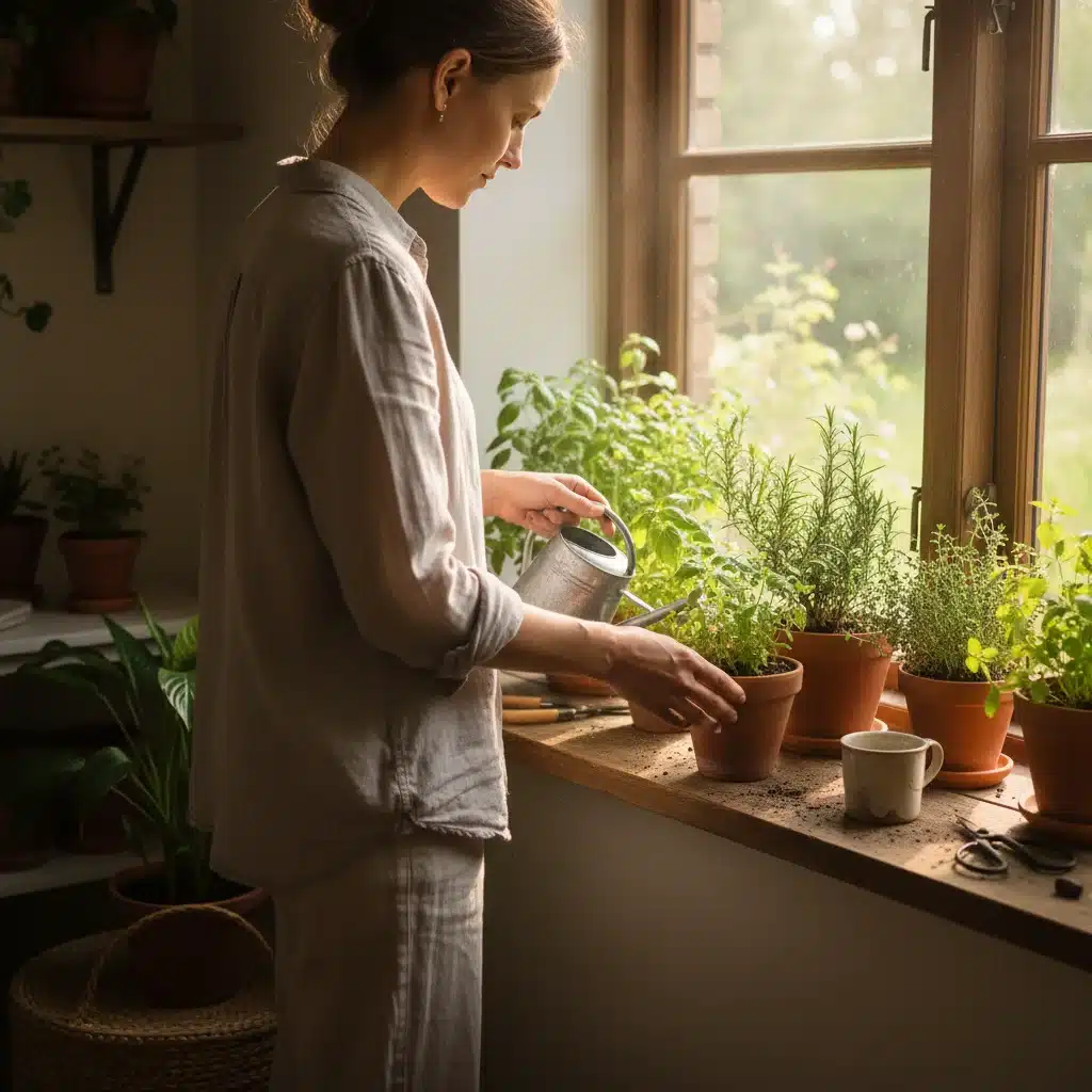 Gardening indoors, connecting with nature through simple hobbies.