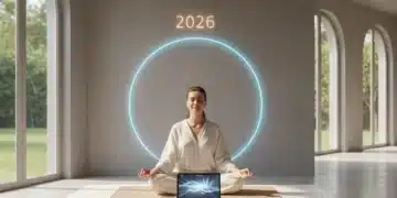 Person meditating with digital device in background, symbolizing balanced technology use 2026