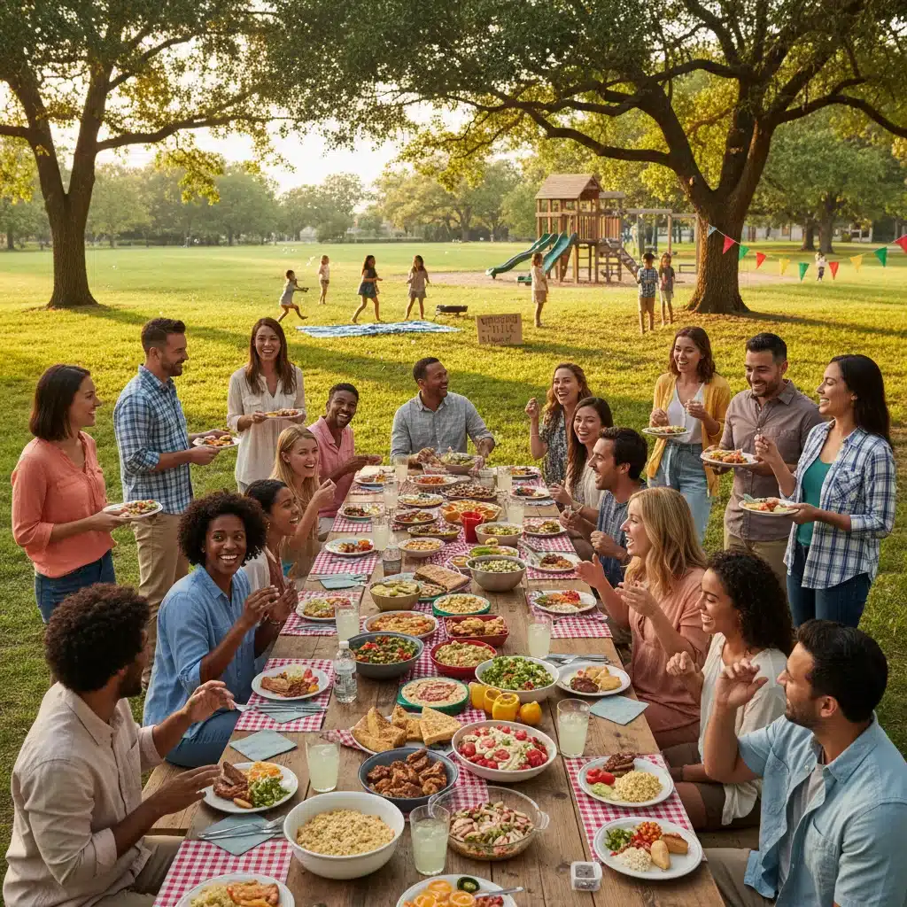 Neighbors enjoying a community potluck in a park, fostering friendship and local connections.