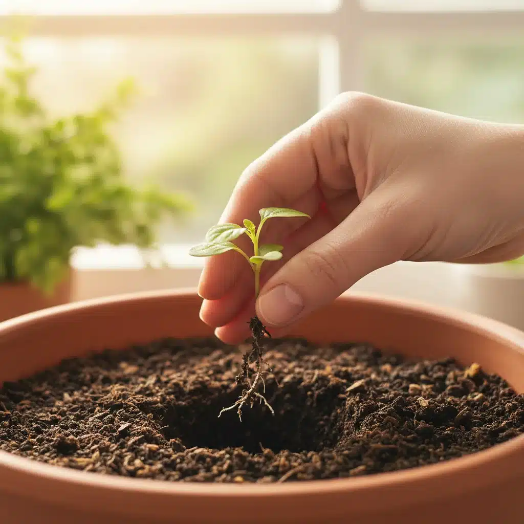 Hand planting a seedling, representing nurturing personal growth and new habits