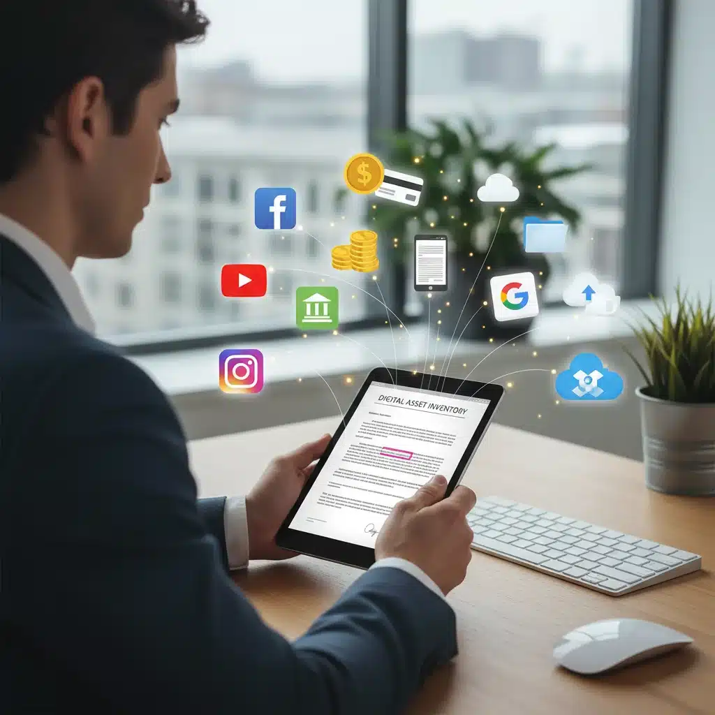 Individual organizing digital assets and accounts on a tablet