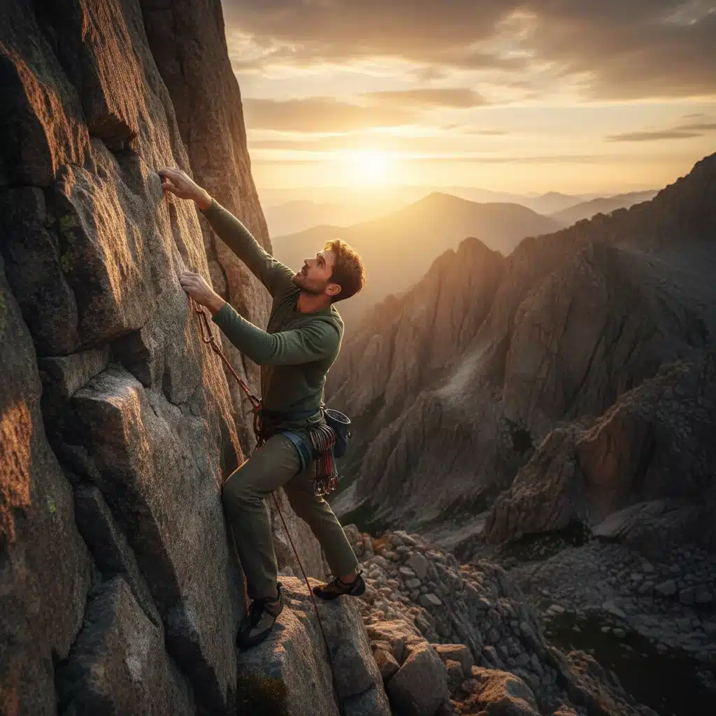 Person climbing a mountain, symbolizing overcoming challenges and resilience