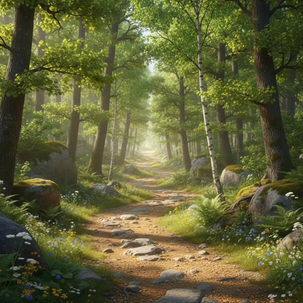 Clear path through a sunlit forest, representing purpose and direction.