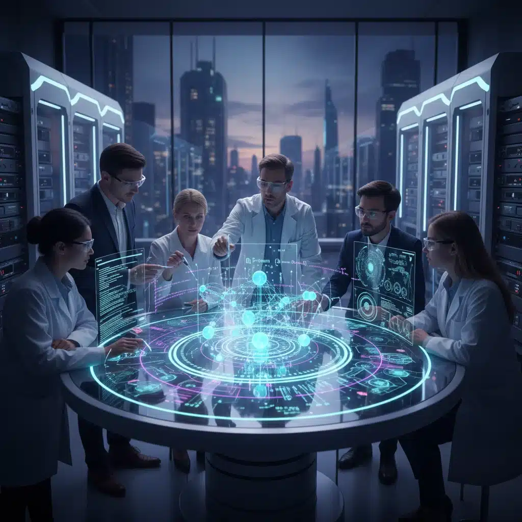 Professionals collaborating on holographic quantum algorithm display