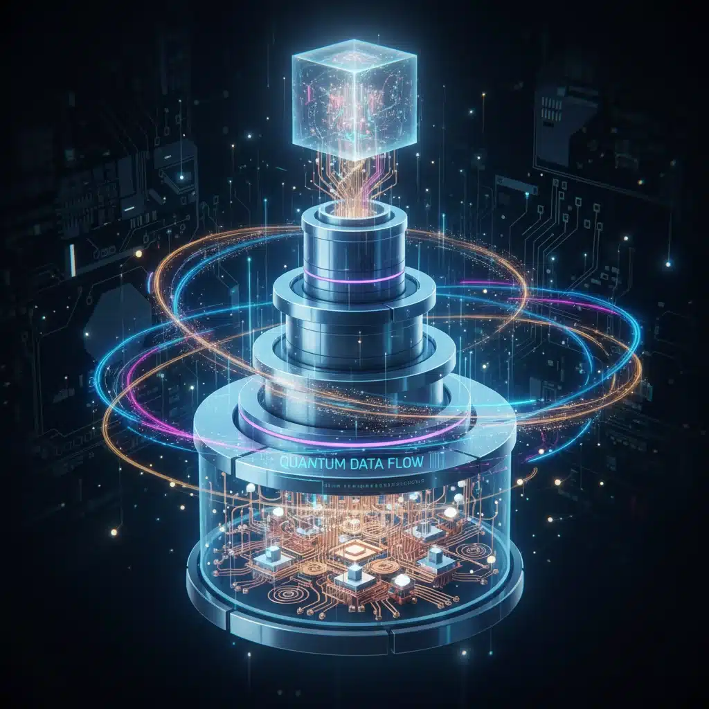 Stylized quantum computer hardware components with data flow