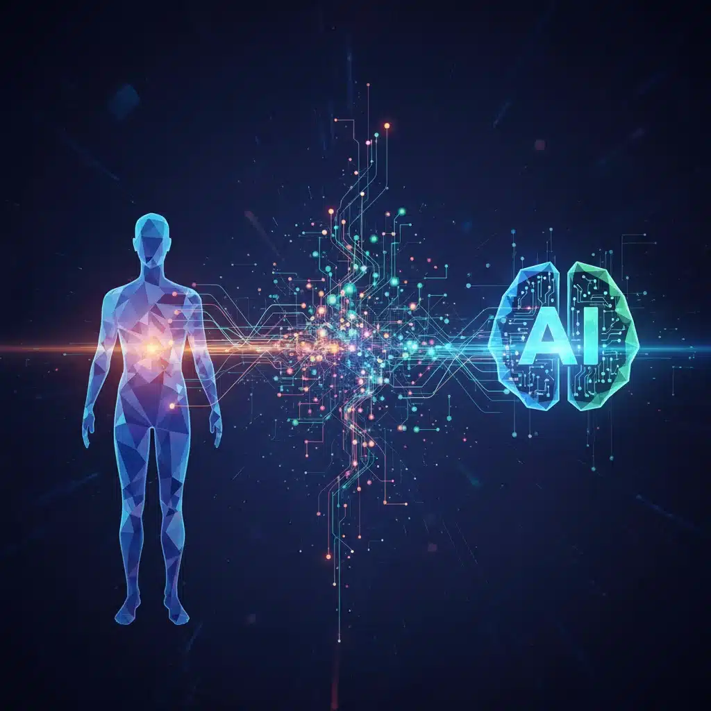 Abstract depiction of AI and human collaboration, data flow