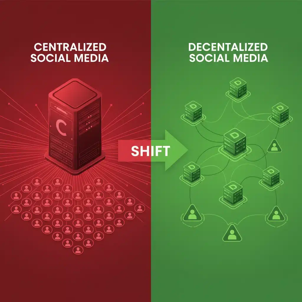 Comparison graphic of centralized versus decentralized social media architectures