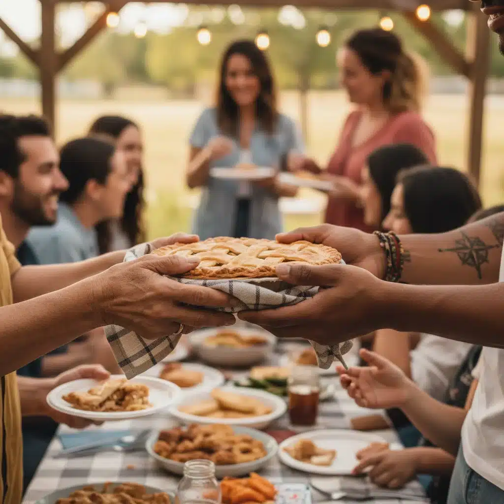 Hands sharing food at a community potluck, symbolizing local connection