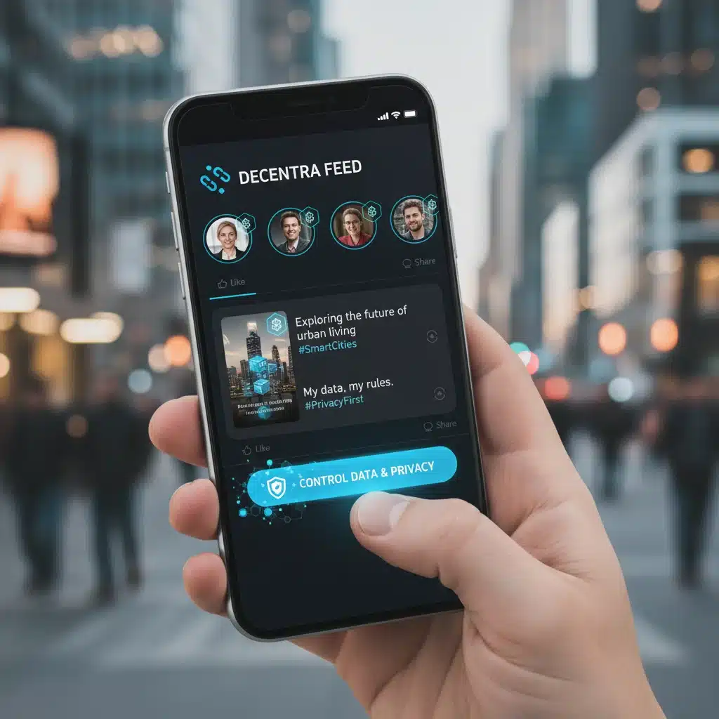 Smartphone screen showing a decentralized social media app with privacy controls