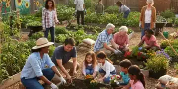 Diverse community members happily gardening together, strengthening local bonds