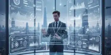 Futuristic digital workspace with holographic screens and person using a transparent tablet