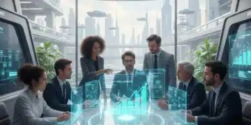 Professionals collaborating in a futuristic office, displaying high-impact skill development