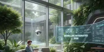 Serene futuristic office with person working, embodying a healthy work-life blend.