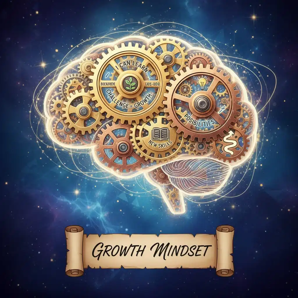 Illustration of a brain with gears, representing a growth mindset