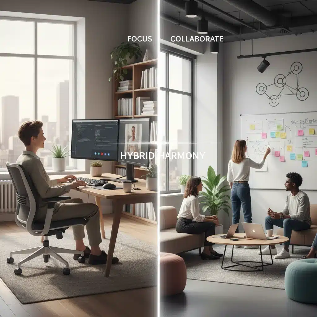 Balancing home office productivity with in-office collaboration in a hybrid work model.