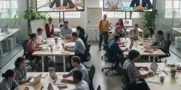 Professionals collaborating in a hybrid work environment with both in-office and remote team members.