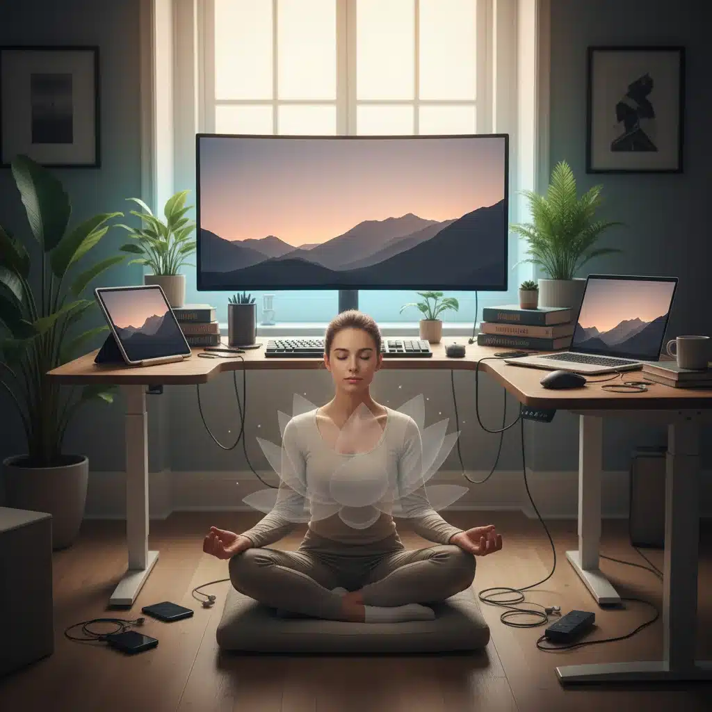 Person meditating in home office, emphasizing mental well-being and focus.