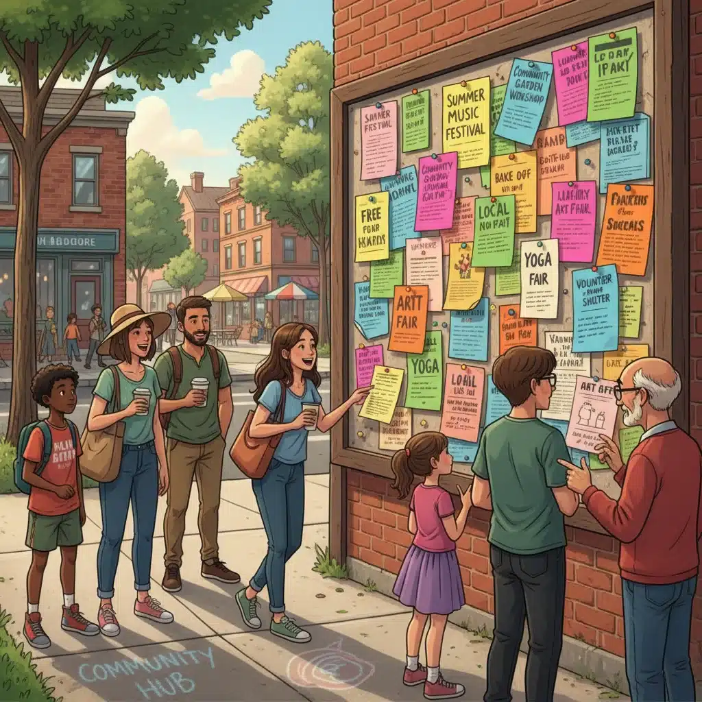 Neighborhood bulletin board with flyers for local events, fostering engagement