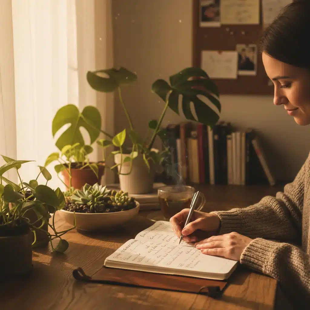 Person journaling and reflecting on goals in a calm setting