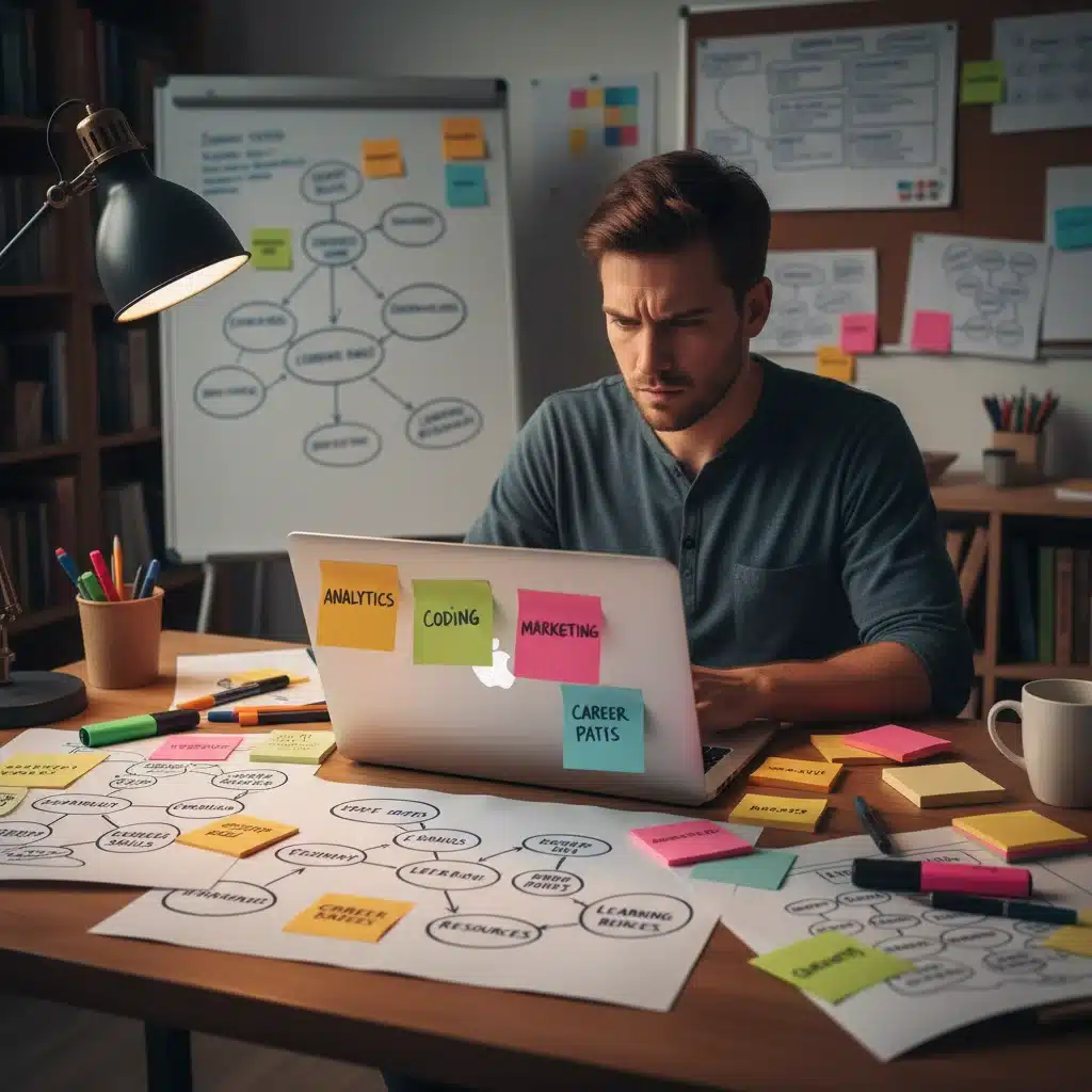 Person planning skill development strategy with laptop and mind map