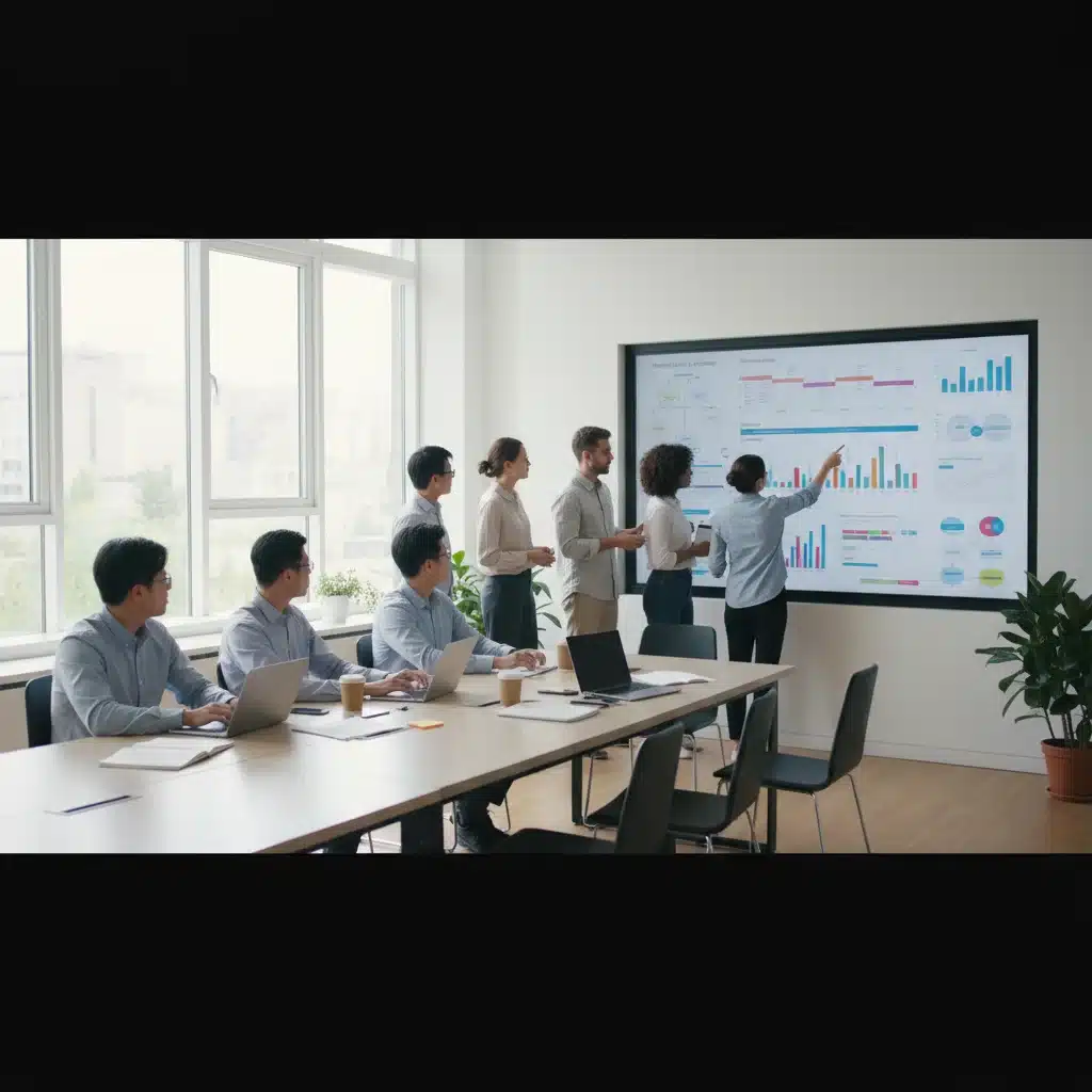 Diverse team collaborating around an interactive screen in a modern office