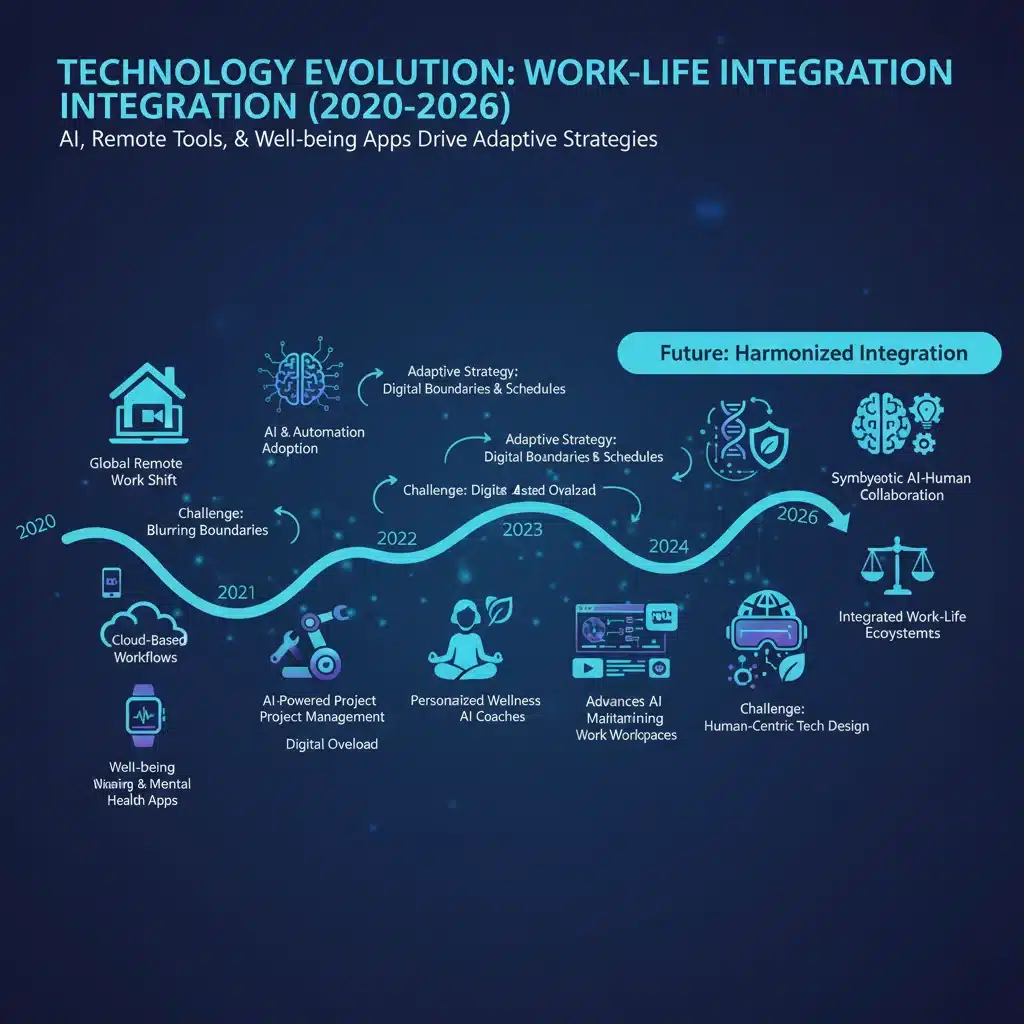 Infographic illustrating technology evolution and work-life integration strategies.