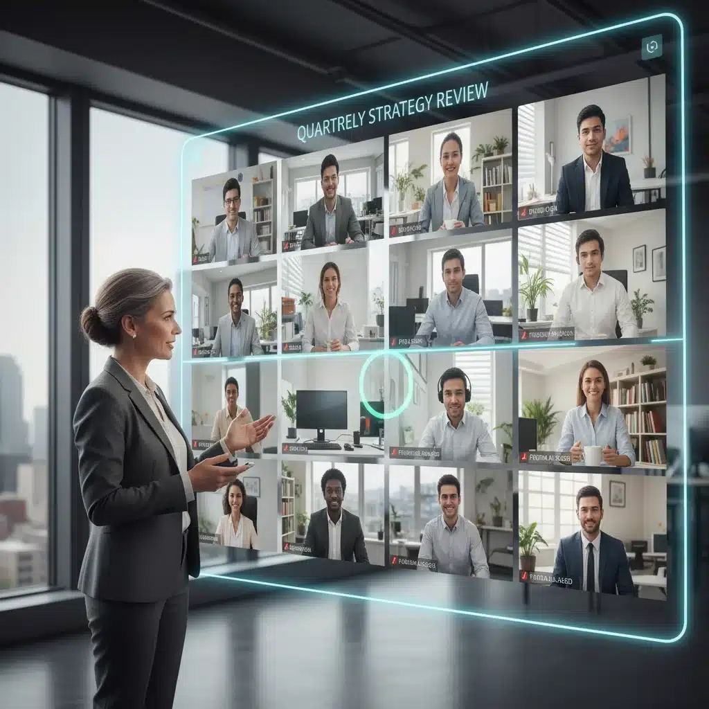 Effective leadership in a virtual team meeting, guiding remote and in-office employees.